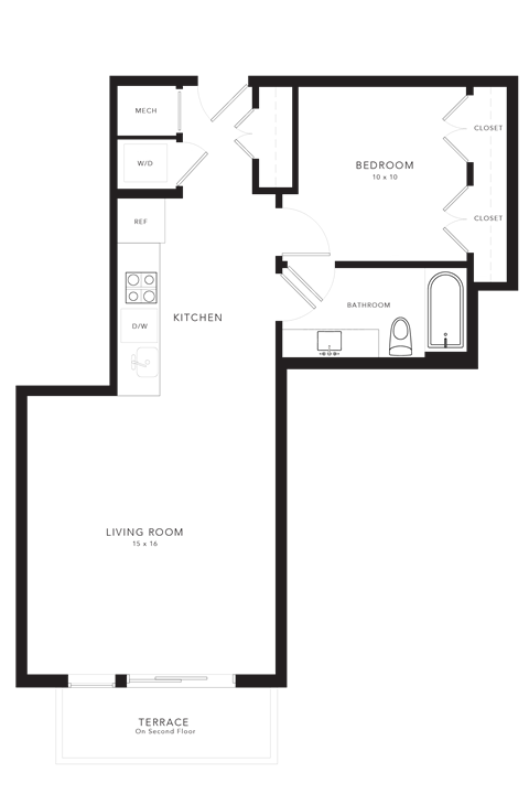 Floor plan for 1 bed, 1 bath, 634 sqft